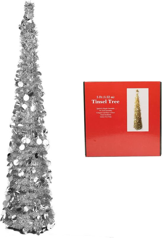 Photo 1 of 5ft Collapsible Artificial Christmas Tree, Pop Up Silver Tinsel Coastal Christmas Tree for Holiday Carnival Party Home Office Fireplace Decorations
