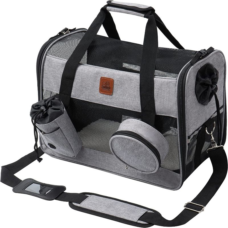 Photo 1 of  Pet Carrier for Small Medium Cat Dog Puppy - Soft Sided, Collapsible, Grey, Pockets for Water Bottle and Bowl, Safety Locking Zippers TSA Airline Approved Travel Bag Kitten Rabbit Chinchilla lbs 