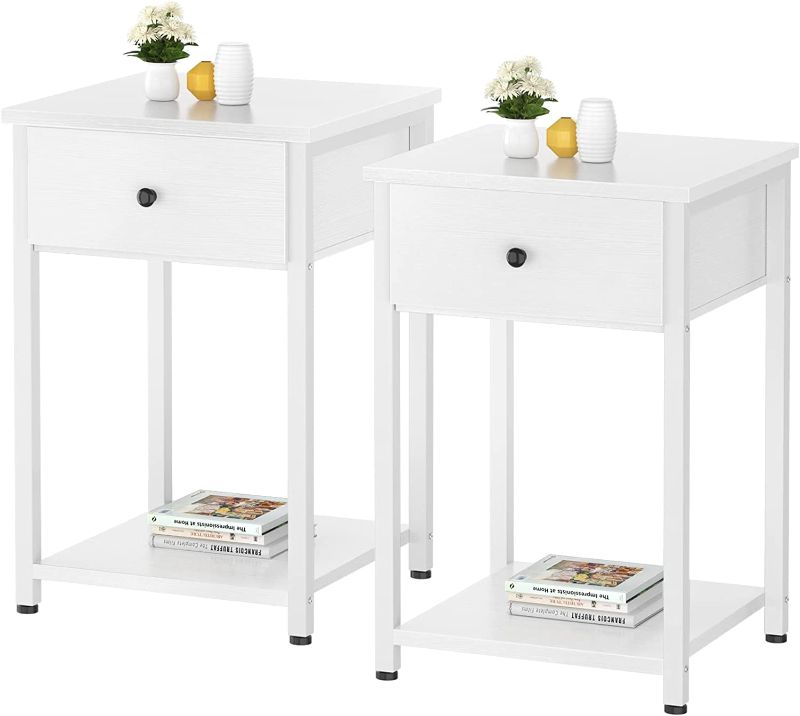 Photo 1 of  Ecoprsio Nightstand Set of 2 White End Table Side Table with Drawer and Storage Shelf Wood Night Stand Modern Bedside Table for Bedroom, Living Room, Sofa Couch, Hall, Easy Assembly, White 