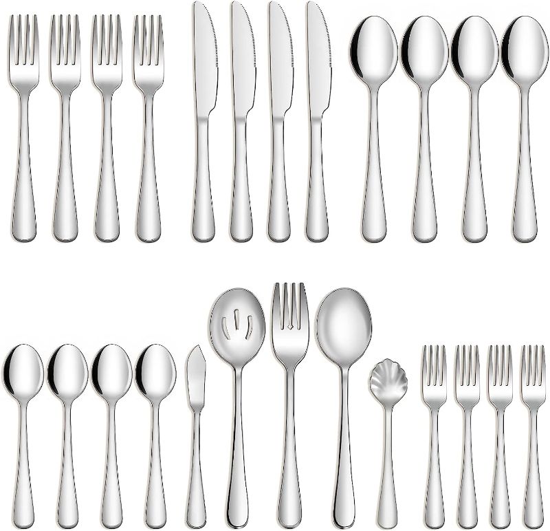 Photo 1 of 25-Piece Silverware Set with Serving Utensils for 4, Food Grade Stainless Steel Flatware Cutlery Set for Home and Restaurant, Fork Spoon Knife Set, Mirror Finish, Dishwasher Safe