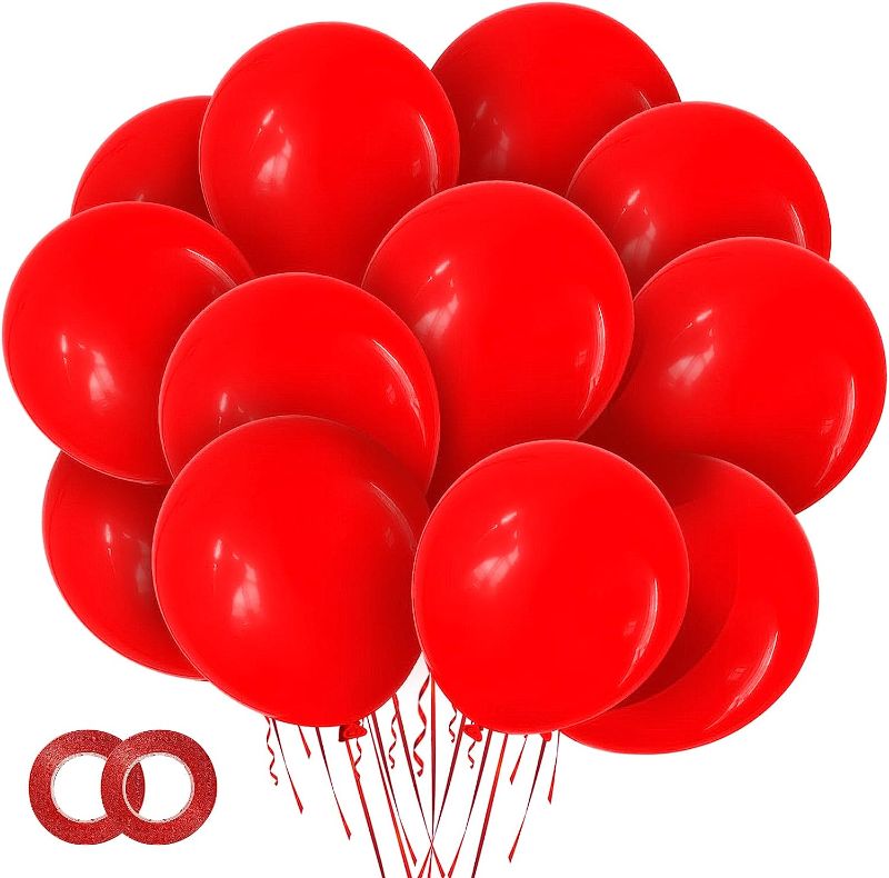 Photo 1 of 110Pcs Red Balloon 12 inch, Red Latex Balloons for Birthday Party Baby Shower Wedding(with 2 Ribbons).
