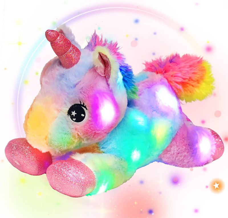 Photo 1 of Easfan LED Rainbow Unicorn Stuffed Animal Light Up Plush Toy with Colorful Night Lights Glow in The Dark Birthday for Kids Toddlers Girls,10”
