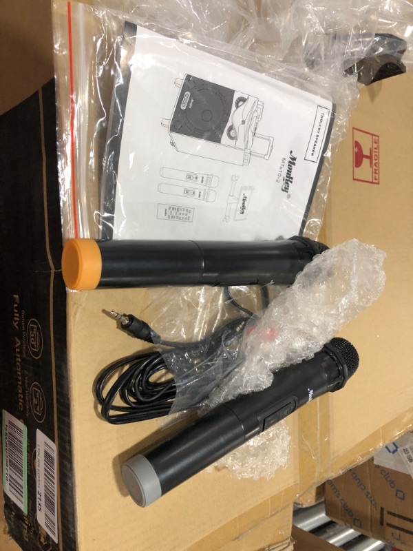 Photo 1 of Moukey Karaoke Machine, PA System Subwoofer, Portable Bluetooth Speaker w/ 2 Wireless Microphones, Lyrics Display Holder, Party Lights & Echo/Treble/Bass Adjustment, Support TWS/REC/AUX/MP3/USB/TF/FM 10" Subwoofer