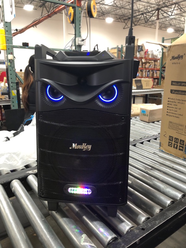 Photo 1 of Moukey Karaoke Machine, PA System Subwoofer, Portable Bluetooth Speaker w/ 2 Wireless Microphones, Lyrics Display Holder, Party Lights & Echo/Treble/Bass Adjustment, Support TWS/REC/AUX/MP3/USB/TF/FM 10" Subwoofer