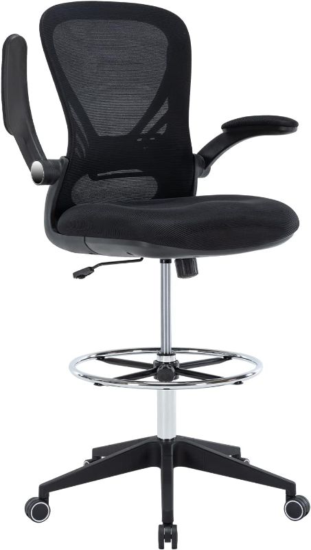 Photo 1 of Hramk Office Drafting Chair with Flip-up Arms, Tall Office Chair for Standing Desk, Extended Height Desk Chair with Foot Rest (Black) 