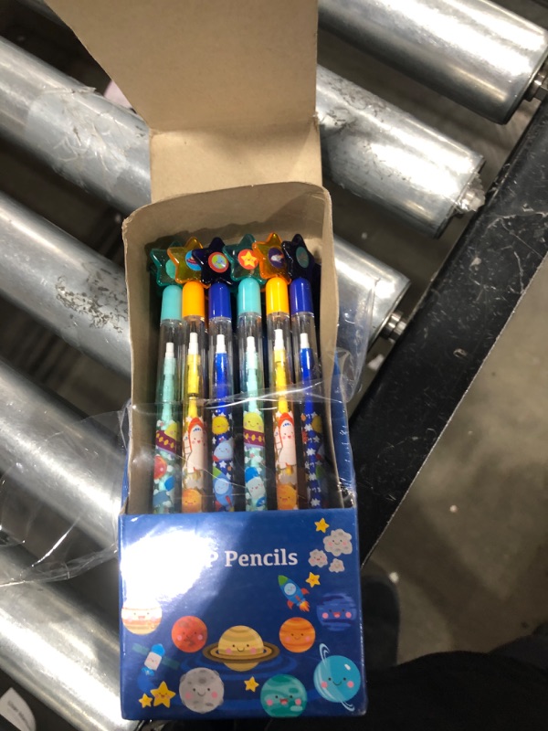 Photo 2 of TINYMILLS 24 Pcs Outer Space Rocket Multi Point Stackable Push Pencil Assortment with Eraser for Space Birthday Party Favor Prize Carnival Goodie Bag Stuffers Classroom Rewards Pinata Fillers