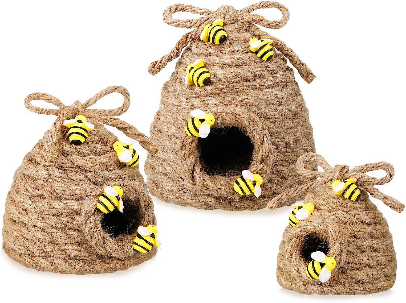 Photo 1 of 3 Pieces Bee Hive Decor Honey Bee Tiered Tray Decor Summer Spring Bumble Bee Decorations Mini Jute Beehive Farmhouse Kitchen Decor for Table Shelf Sitter Home Coffee Bar Themed Party (Simple)
