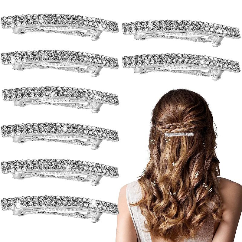 Photo 1 of 8 Pieces Rhinestone Hair Barrettes Bling Silver Hair Clips Metal Spring Hair Grip Clips Two Row Rhinestone Hair Clips Rhinestone Hair Accessories Crystal Ponytail Holder Side Clips for Women Girls