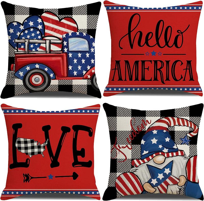 Photo 1 of 4th of July Decorations Pillow Covers 18x18 Set of 4 Buffalo Plaid Stars and Stripes Truck Throw Pillow Covers Patriotic Pillows Independence Memorial Day hello America Home Decor
