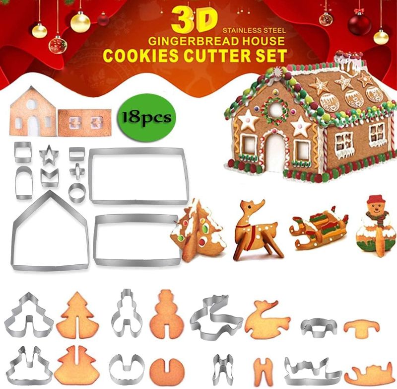 Photo 1 of 18 Piece Gingerbread House Cutters Kit,DTDR 3D Christmas House Cookie Cutter Set, Stainless Steel Biscuit Cutter Mold Set,Festive Xmas DIY Baking Including Christmas Tree,Snowman,Reindeer,Gift Box
