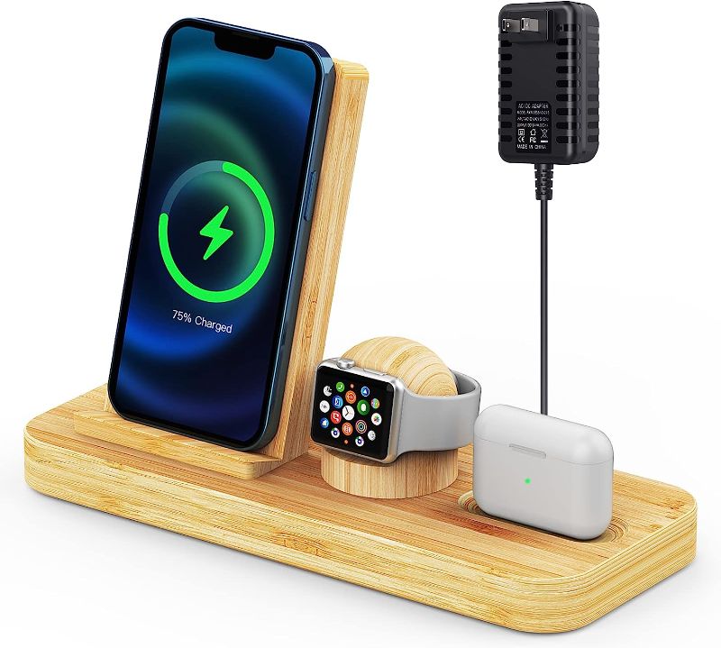 Photo 1 of Wireless Charging Station, OTESS Bamboo Wireless Charger, Fast 3 in 1 Wireless Charger Stand for iPhone 14/13/12/11/Pro/Max/XS/XR/X/8/Plus, for Apple Watch 7/6/5/4/3/2/SE, for AirPods 3/2/Pro
