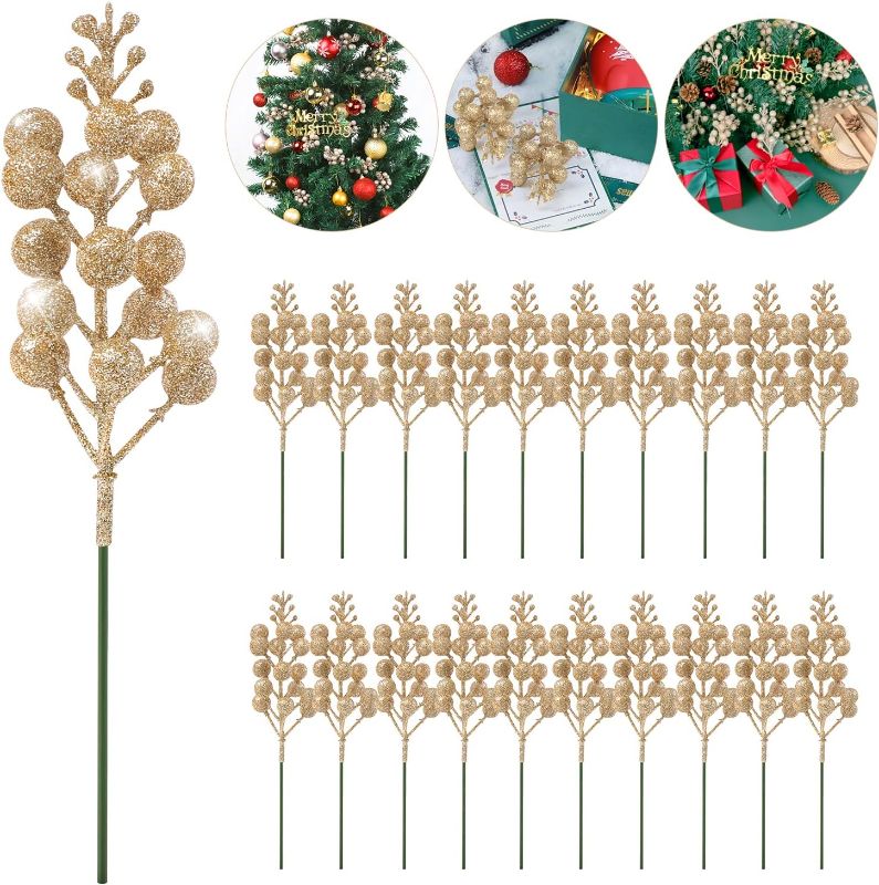 Photo 1 of 20 Pack 7.8 Inch Christmas Glitter Berries Stems for Christmas Tree Decorations, Artificial Christmas Picks for Christmas Tree Ornaments, DIY Xmas Wreath, Crafts, Holiday and Home Decor (Champagne) 