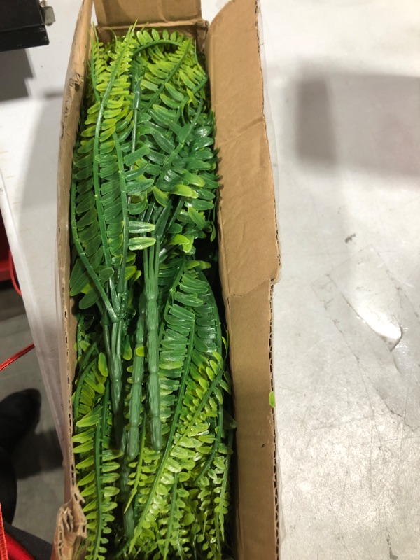 Photo 1 of 12 Bundles Artificial Plants, Fake Boston Fern Greenery Outdoor UV Resistant No Fade Faux Plastic Plants Garden Porch Window Box Decorating