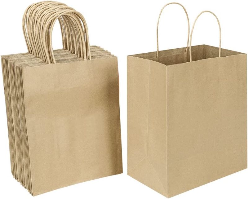 Photo 1 of  Medium Gift Bags with Handles Bulk, Kraft Bags Birthday Party Favors Grocery Retail Shopping Business Goody Bags, Craft Plain Natural Paper Bags Sacks (Brown 50 PCS Count) 