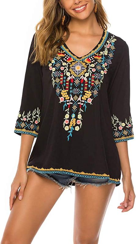 Photo 1 of AK Women's Summer Boho Embroidery Mexican Bohemian Tops Peasant 3/4 Sleeve V Neck Shirt Tunic Blouses Size XXXL