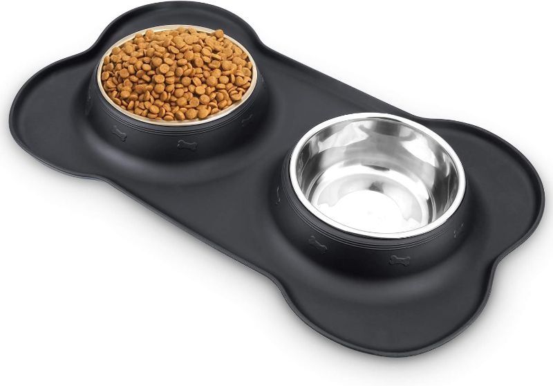 Photo 1 of  Dog Food Bowls Stainless Steel Pet Bowls & Dog Water Bowls with No-Spill and Non-Skid, Feeder Bowls with Dog Bowl Mat for Small Medium Large Size Dogs Cats Puppy Pets, Dog Dishes, Black, 240z 