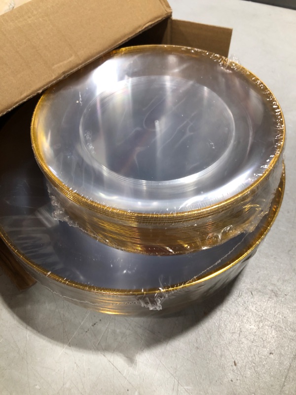 Photo 1 of 60pcs Clear Plastic Plates with Gold Trim Disposable Plastic Plates Includes: 30 Dinner Plates 10.25" and 30 Dessert Plates 7.5" Gold Plastic Plates Prefect for Wedding and Party