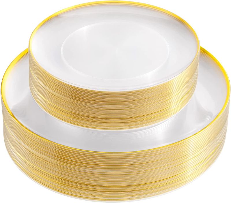 Photo 1 of 60pcs Clear Plastic Plates with Gold Trim Disposable Plastic Plates Includes: 30 Dinner Plates 10.25" and 30 Dessert Plates 7.5" Gold Plastic Plates Prefect for Wedding and Party