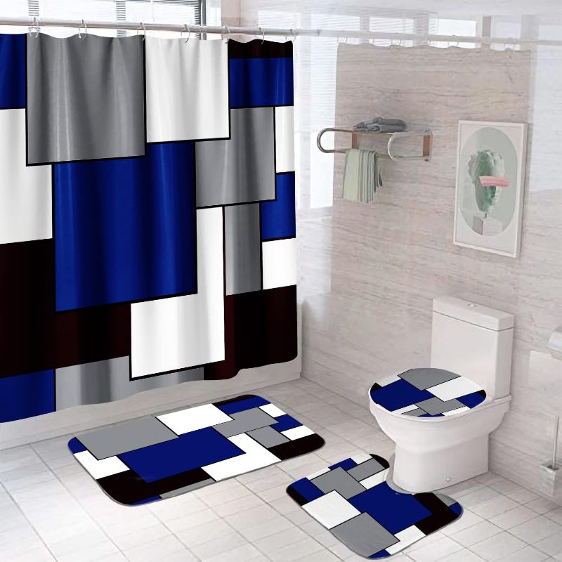 Photo 2 of 4 Pcs Geometric Blue Black Shower Curtain Set, Modern Bathroom Sets with Rugs and Accessories, Waterproof Fabric Cloth Bath Curtain with 12 Hooks, Bathroom Accessories 