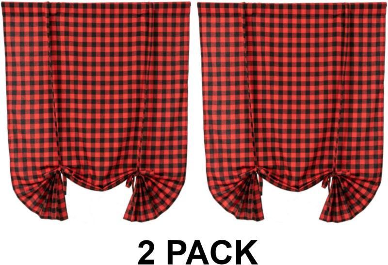 Photo 1 of 2 Pack Buffalo Check Plaid Tie Up Shades Farmhouse Style Gingham Rod Pocket Window Curtain for Kitchen 42x63 Inches White and Black (Red and Black)