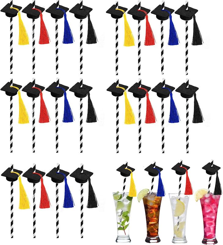 Photo 1 of 
Graduation Straws with Graduation Caps 2023 Graduation Party Striped Decorative Straws - Set of 20 plate…
