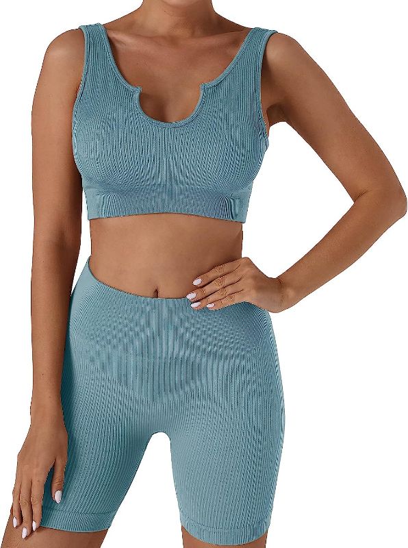 Photo 1 of Gondola Blu Yoga Workout Outfit 2 Piece for Women, Seamless Tracksuit Ribbed Crop Tank Sport Bra With High Waist Shorts 