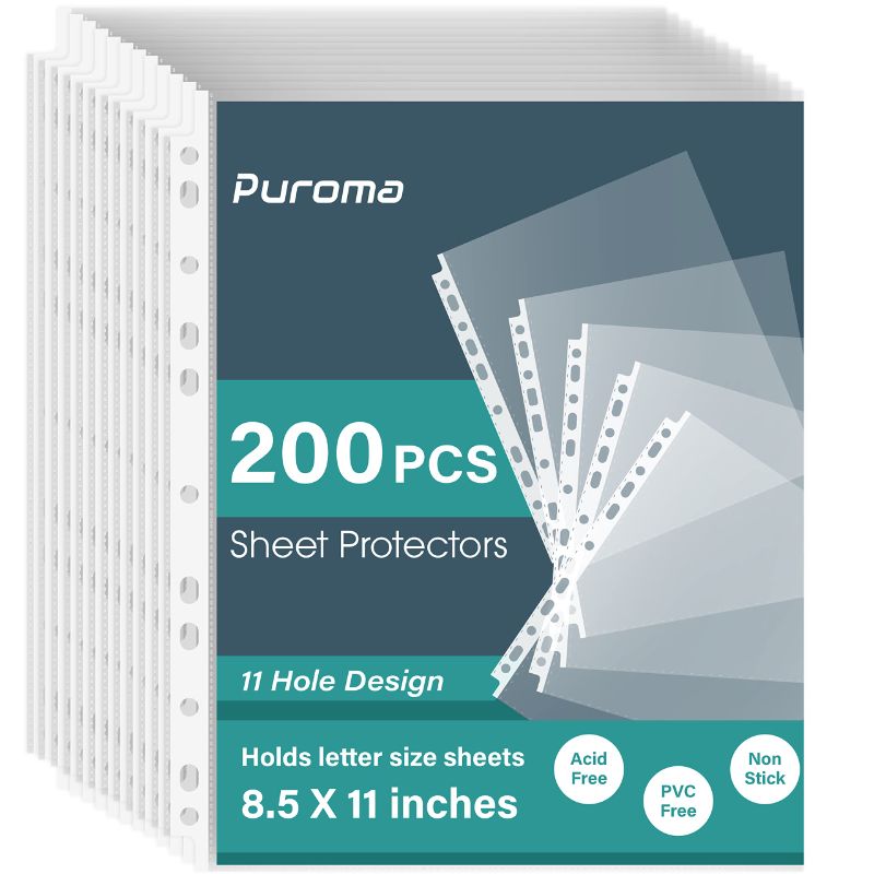 Photo 1 of Puroma 200 Pack Sheet Protectors, 11 Hole Clear Heavy Duty Page Protectors, Fits Standard 8.5 x 11 inch, Top Loading Paper Protector, Plastic Sleeves for Binders