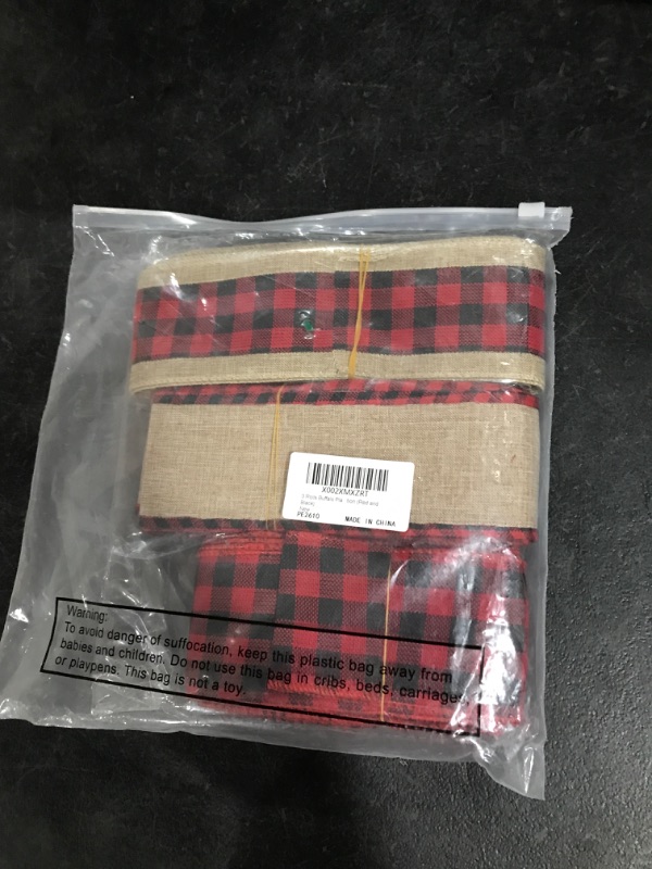 Photo 2 of 3 Rolls Buffalo Plaid Burlap Ribbon Wired Edge Ribbon Christmas Burlap Fabric Craft Ribbon Natural Wrapping Ribbon Roll with Checkered Edge for DIY Craft Bow Christmas Decoration (Red and Black)