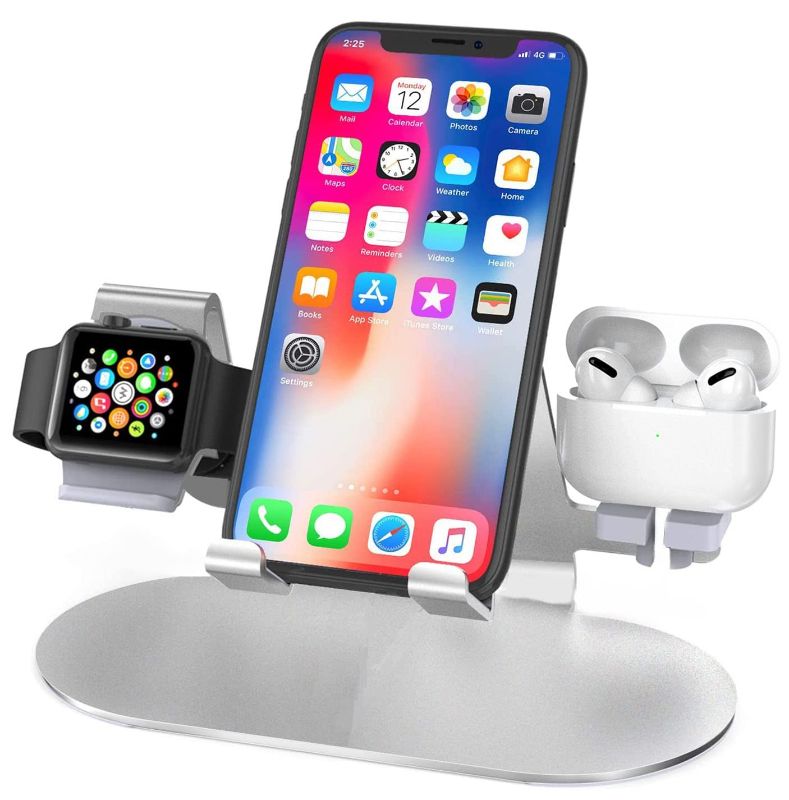 Photo 1 of Cell Phone Stand for Desk, Tophot Universal 3 in 1 Aluminum Stand Holder for iPhone 14/13/12/11/X/8/7 All Series,iPad,AirPods Pro 2/3/2/1 and Apple Watch Series 8/SE/7/6/5/4/3(45/44/42/40/38mm) Silver X(7x4.3x4.2inch) A-Silver