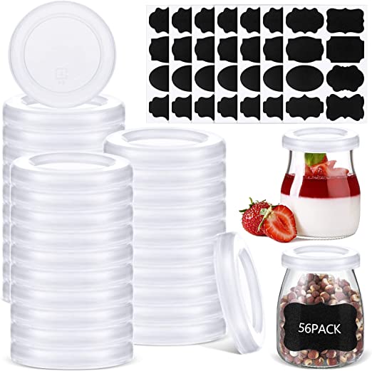 Photo 1 of 112 Pcs Yogurt Jar Lids Set 56 Replacement Lids Covers 2.68 Inch and 56 Labels Clear Plastic Food Storage Lids Covers Compatible with Oui Yogurt Jars for Coffee Cookie Supplies