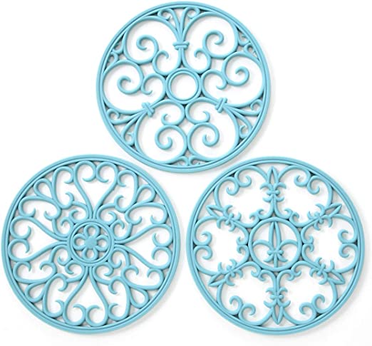 Photo 1 of 12 Set Silicone Trivet Mat Multipurpose Tripod Pads Insulated Non Slip Heat Resistant Kitchen Mats Flexible Modern Kitchen Table Pads Hot Pot Holder for Hot Dishes Pots Tabletops Pans (Light Blue)