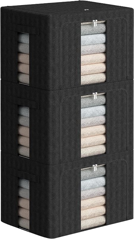 Photo 1 of 3 Pack Clothes Storage Bins - Large Capacity Stackable Metal Frame Storage Box Foldable Oxford Fabric Clothes Container Organizer with Clear Window & Carry Handles (Extra Large-100L, Black)