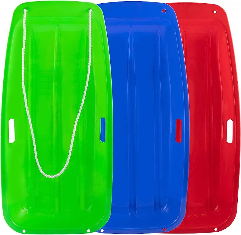 Photo 1 of 3-Pack Plastic Snow Sled for Kids & Adults 35" x 17" - Flexible Toboggan Sleds with Pull Rope & Two Handles for up to 2 Sledders Winter Snow Sledding Downhill Outdoor (Green, Blue & Red)