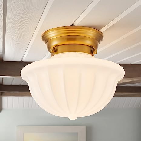 Photo 1 of youngrender Schoolhouse Light Fixture Gold, 9" Modern Mid Century Semi Flush Mount Ceiling Light with Opal Milk Glass Shade for Bedroom, Kitchen, Dining Room, Bathroom, Hallway, Stairway, Entryway