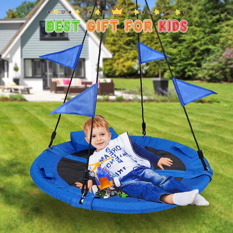 Photo 1 of  40 Inch Saucer Tree Swing Set, Round Swing with Adjustable Hanging Straps, Steel Frame, 900D Oxford Waterproof, Children Rope Swing for Outdoor Park Backyard, Playground, Playroom(Round, Blue