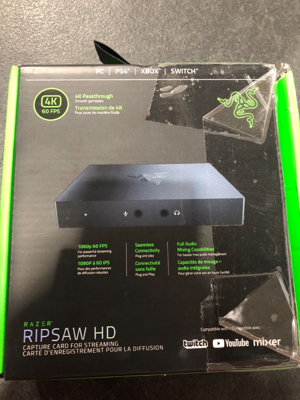 Photo 4 of Razer Ripsaw HD Game Streaming Capture Card: 4K Passthrough - 1080P FHD 60 FPS Recording - Compatible W/PC, PS4, Xbox One, Nintendo Switch--USED, UNABLE TO TEST