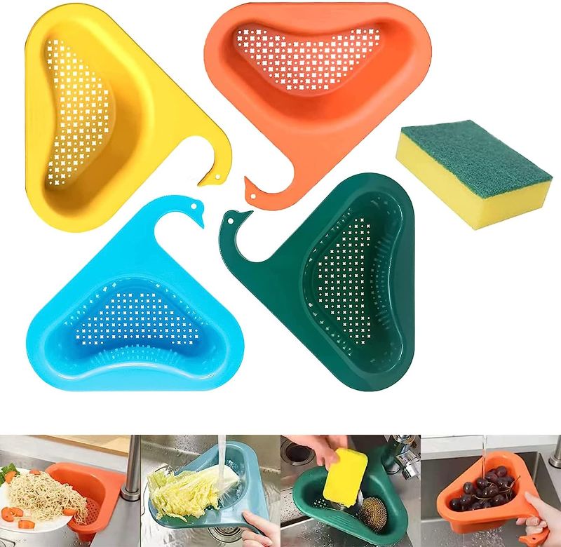 Photo 2 of 4pcs Swan Shape Sink Basket, Multifunctional Kitchen Triangular Sink Storage Filter with Sponge, Hanging Punch-free Sink Drain Strainer Basket Fits Kitchen All Sinks (color1)
