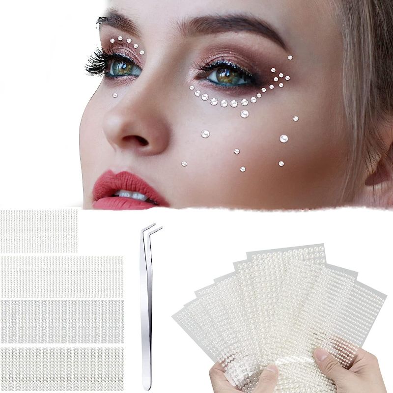 Photo 1 of 5600 Pcs Pearl Stickers with Tweezers 3D Pearl Face Gems Makeup Self Adhesive Flatback Pearls Rhinestones White Half Round Pearls Stickers Dots Jewelry Body Face Eye Makeup Nails Art DIY Crafts Decor
