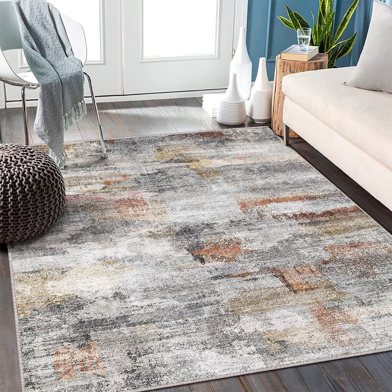 Photo 1 of vivorug Washable Rug, Ultra Soft Area Rug 5x7, Non Slip Abstract Rug Foldable, Stain Resistant Rugs for Living Room Bedroom, Modern Fuzzy Rug (Gray/Rust, 5'x7')
