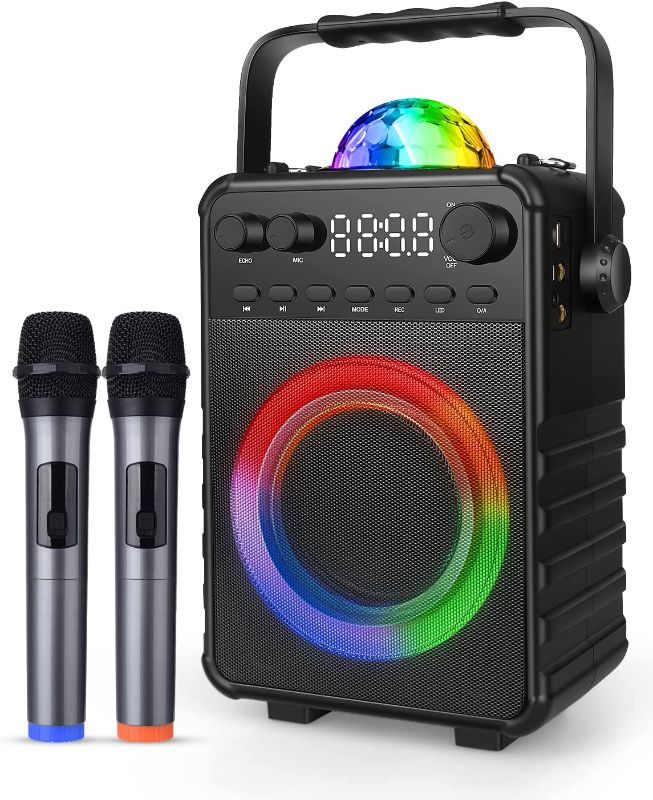 Photo 1 of Amazmic Karaoke Machine with 2 Wireless Microphones, Bluetooth Portable PA System Bluetooth Speaker with Disco Lights for Kids & Adults, Family Party/Speach, Supports TF Card/USB, AUX in, FM
