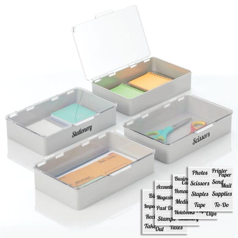 Photo 1 of MDesign Plastic Stackable Home Office Supplies Storage Organizer Box with Hinged Lid - for Note Pads Gel Pens Staples Dry Erase Markers Tape - Ex
