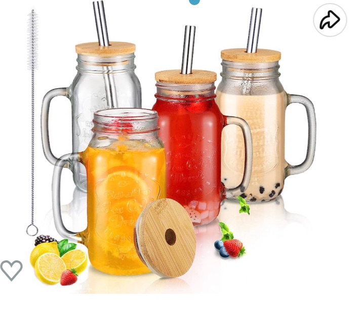 Photo 1 of 4 Pack Mason Can Jar Mugs with Handle, Bamboo Lids and Stainless Steel Straws 24 Oz Smoothie Jar Drinking Glasses Reusable Wide Mouth Mason Can Jar Cup for Iced Coffee Large Pearl Juices Cocktail