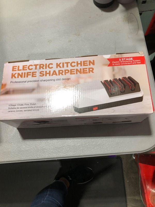 Photo 1 of Electric Knife Sharpener-YOORLEAY 3-Stage Electric Knife Sharpeners for Straight Blade Knives, Serrated Knives and Ceramic Knives, 3-Stage, White