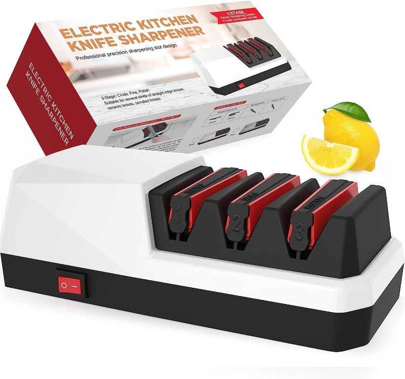Photo 1 of Electric Knife Sharpener-YOORLEAY 3-Stage Electric Knife Sharpeners for Straight Blade Knives, Serrated Knives and Ceramic Knives, 3-Stage, White
