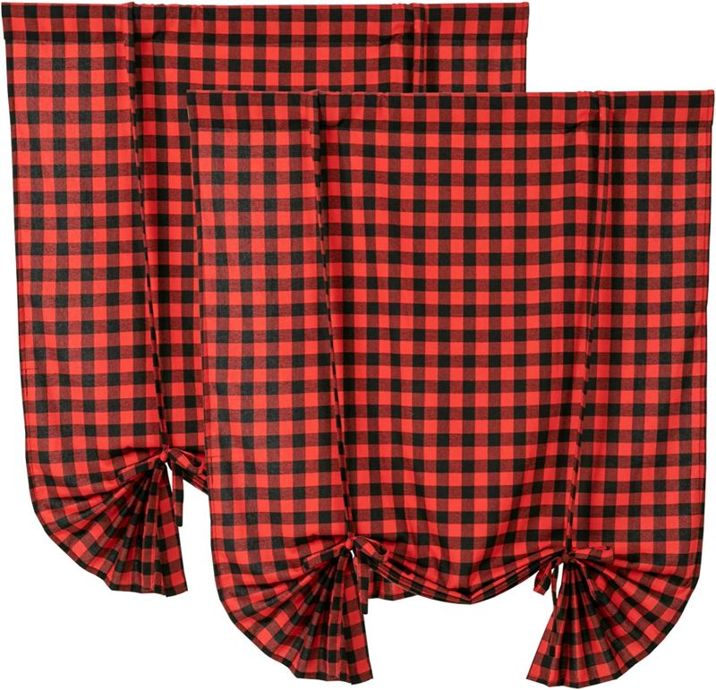 Photo 1 of 2 Pack Buffalo Check Plaid Tie Up Shades Farmhouse Style Gingham Rod Pocket Window Curtain for Kitchen 42x63 Inches White and Black (Red and Black) 