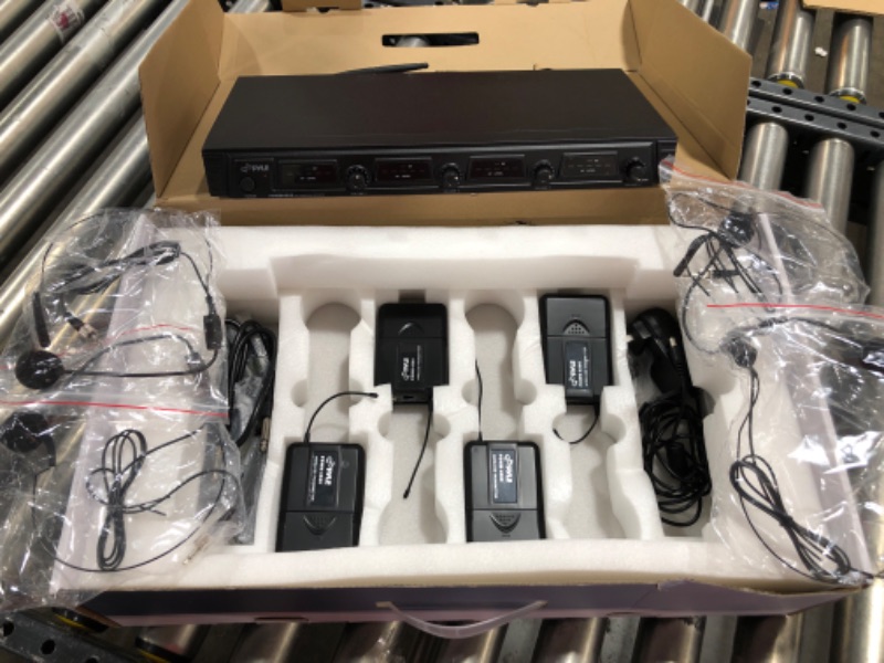 Photo 2 of Pyle 4 Channel UHF Wireless Microphone System & Rack Mountable Base 4 Headsets, 4 Belt Packs, 4 Lavelier/Lapel MIC With Independent Volume Controls AF & RF Signal Indicators (PDWM4560)