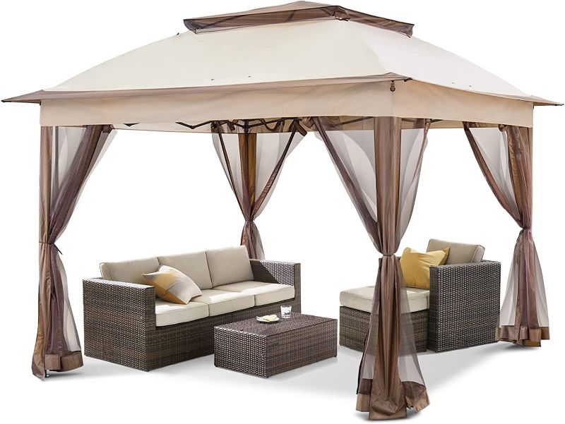 Photo 1 of 11 ft. x 11 ft. Khaki Outdoor Gazebo Easy Pop-up Instant Patio Canopy
