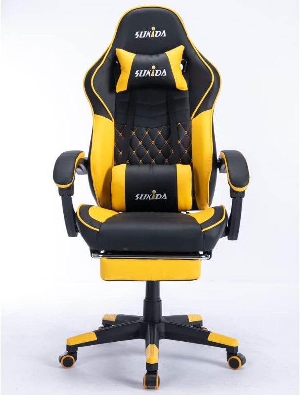 Photo 1 of SUKIDA Gaming Chair with Footrest Office Chair Computer Chair with Massage Lumbar Pillow Ergonomic Chair with Armrest Recliner Chair High Back Height Adjustable SK08 (Yellow)