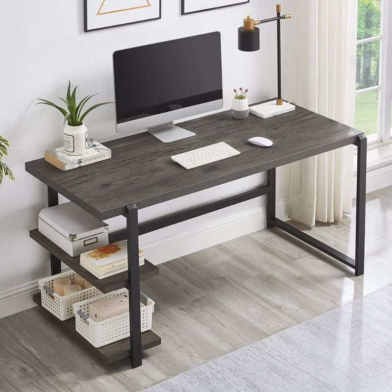 Photo 1 of EXCEFUR Computer Desk with Shelves, 55 inch Industrial Work Desk for Home Office, Rustic Wood and Metal Study Writing Table, Grey 