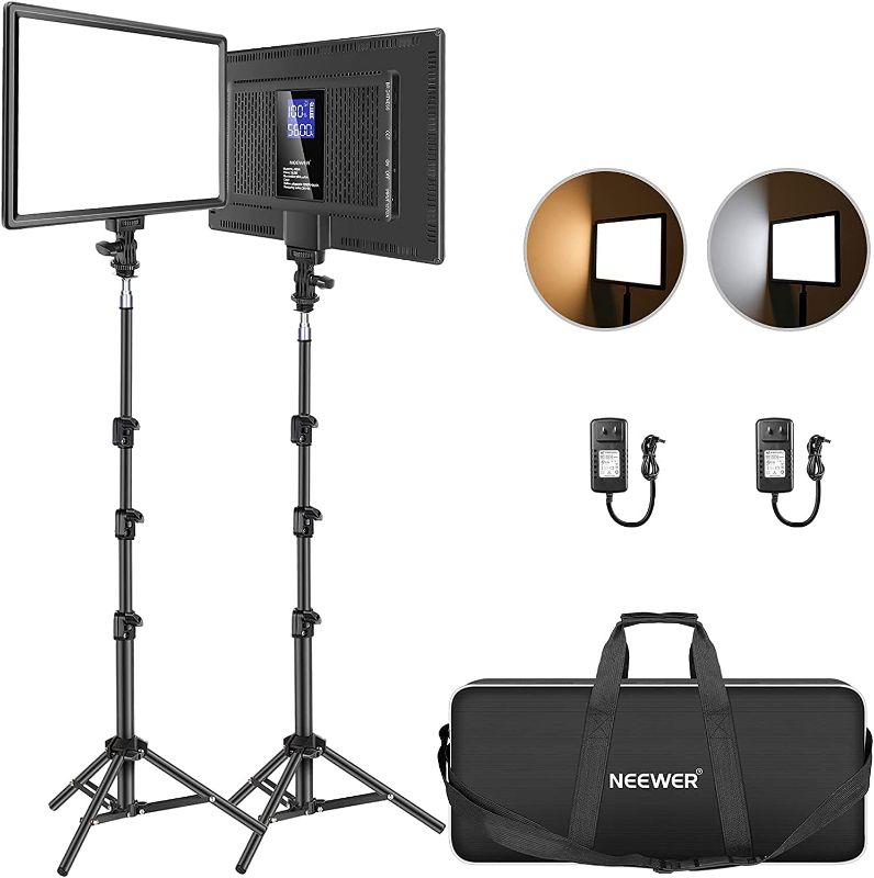 Photo 1 of Neewer 13" Led Video Light Panel Lighting Kit, 2-Pack Dimmable Bi-Color Soft Lights with Light Stand, Built-in 8000mAh Battery, 3200K~5600K CRI 95+ 2400Lux for Game/Live Stream/YouTube/Photography
